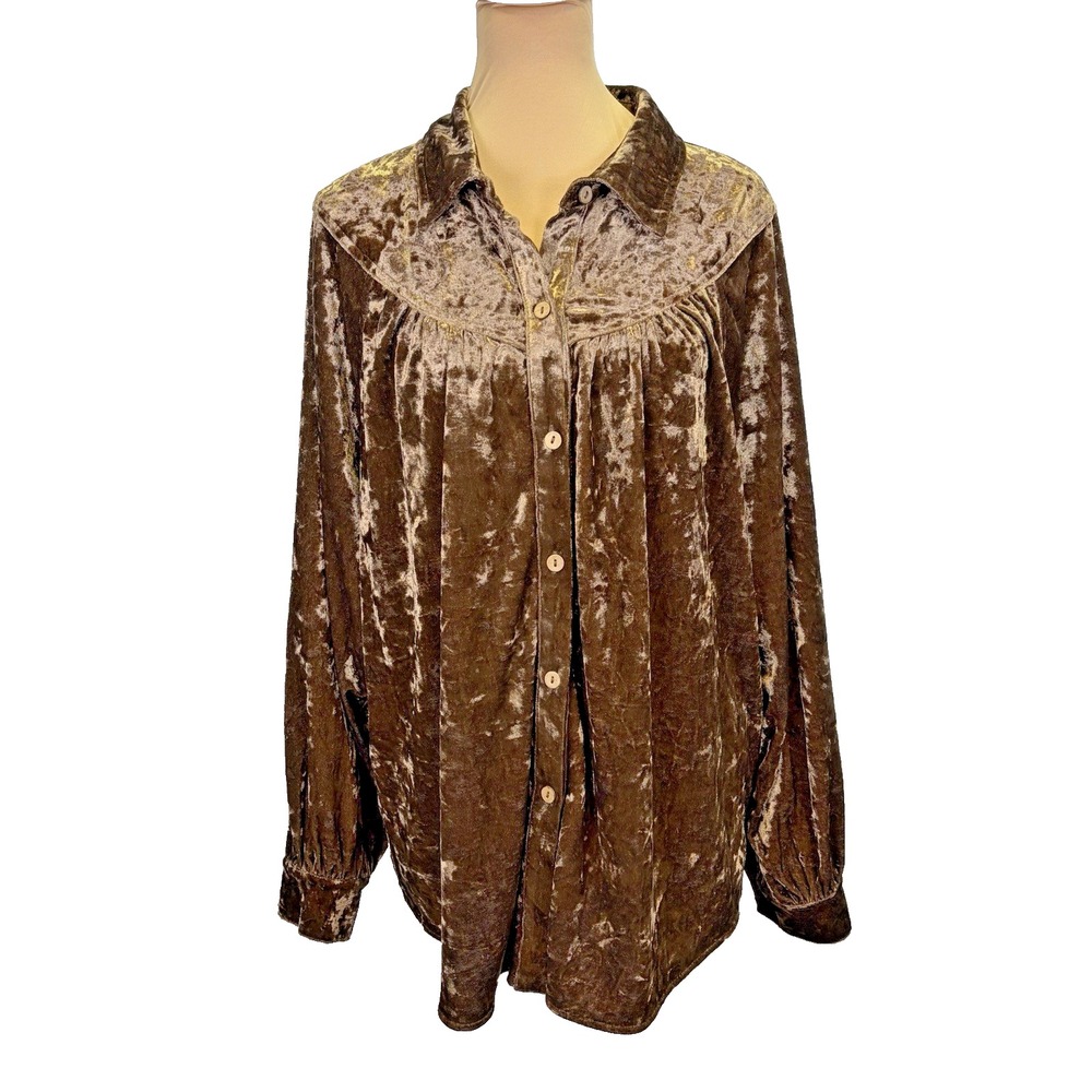 BiBi Woman's Oversized Button Up Blouse Size S Brown Crushed Velvet Classy Chic